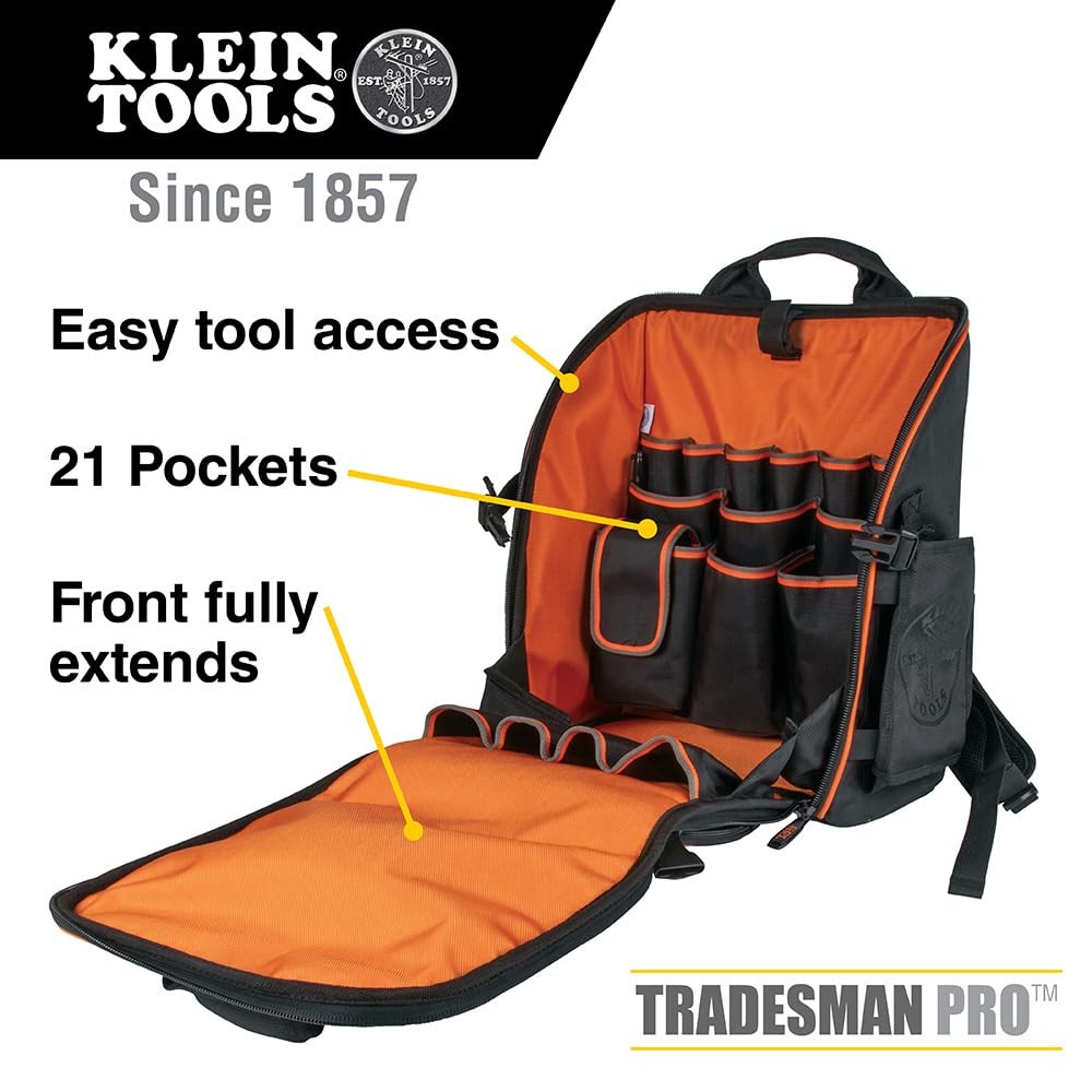Klein Tools Tradesman Pro Tool Backpack 21 Pockets Water Resistant Black Orange