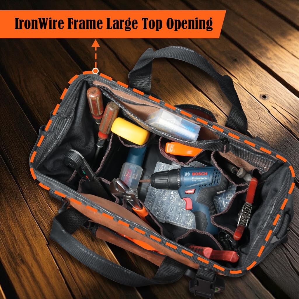 22-Pockets Hard Bottom Tool Bag, 14-Inch 14 Inches, Rust & Black