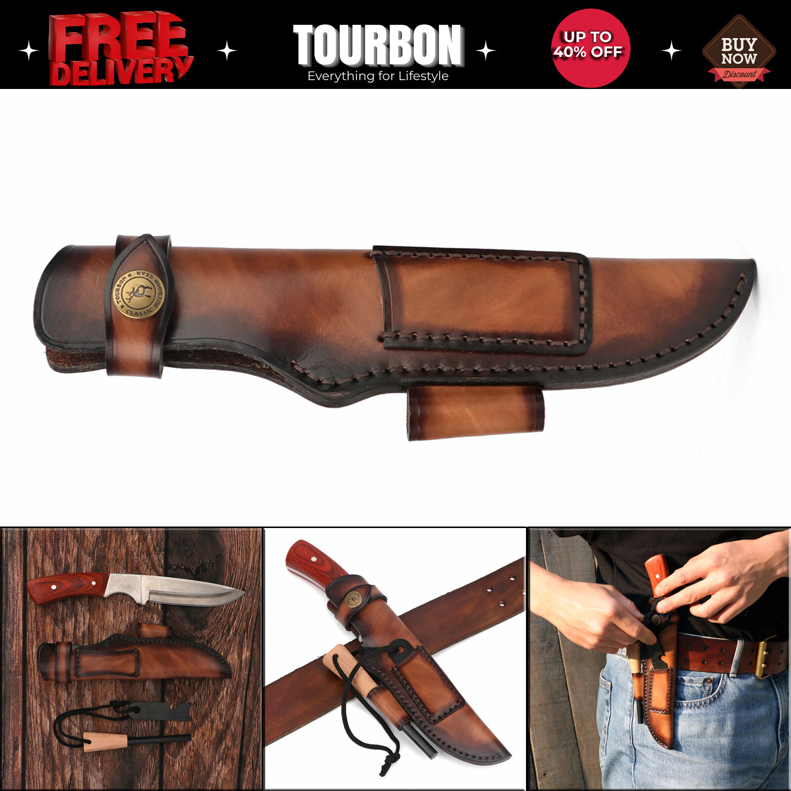 Real Leather Knife Sheath Fixed Blade Belt Pouch w/Fire Starter Rod Slot Camping