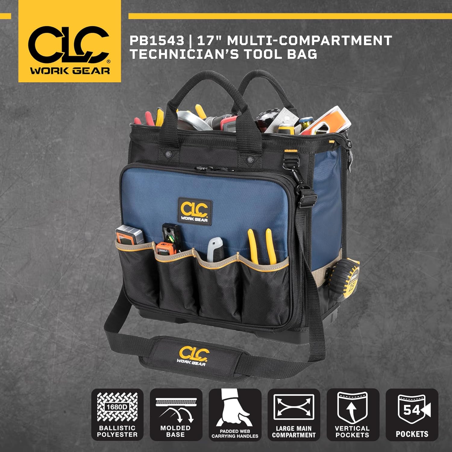 CLC 17″ Multi-Compartment Tool Bag with Molded Base – Black/Blue