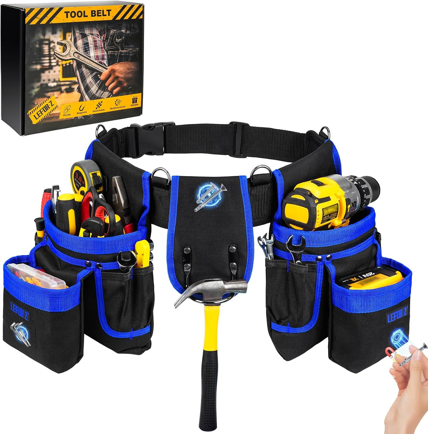 Tool Belt with 4 D-Rings,27-Pockets Tool Belts for Men,Construction | Heavy Duty