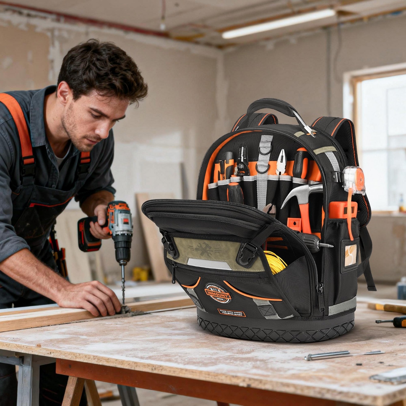 Heavy Duty Tool Backpack for Men, Durable 1680D Organizer with Molded Base & Loc
