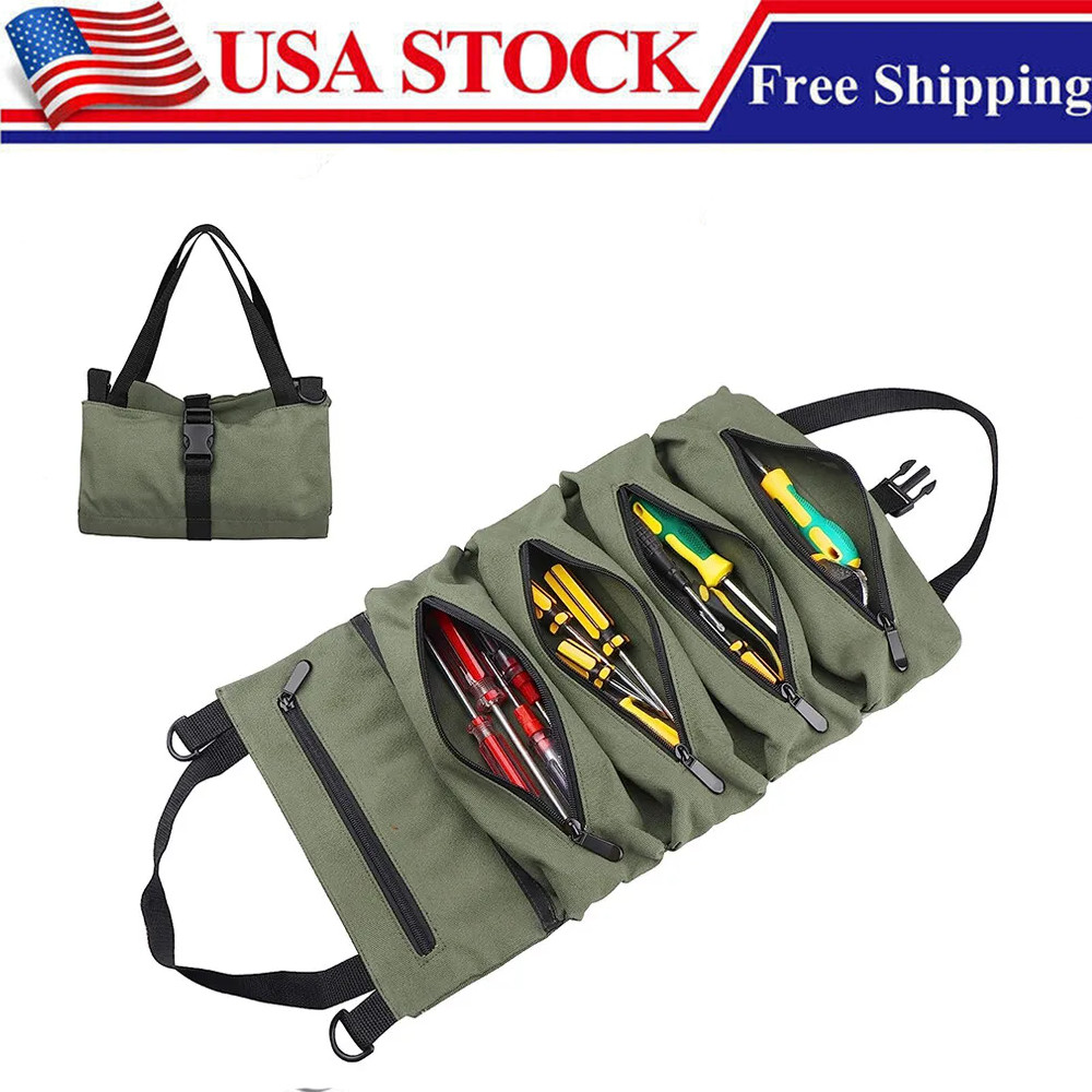 Multi-Purpose Tool Roll Up Bag 5 Pocket Wrench Pouch Canvas Hanging Organizer US
