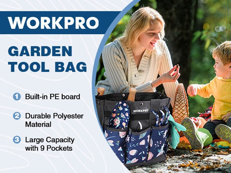 WORKPRO Garden Tool Bag, 9 Pockets Garden Tote Bag, Heavy Duty Oxford Blue