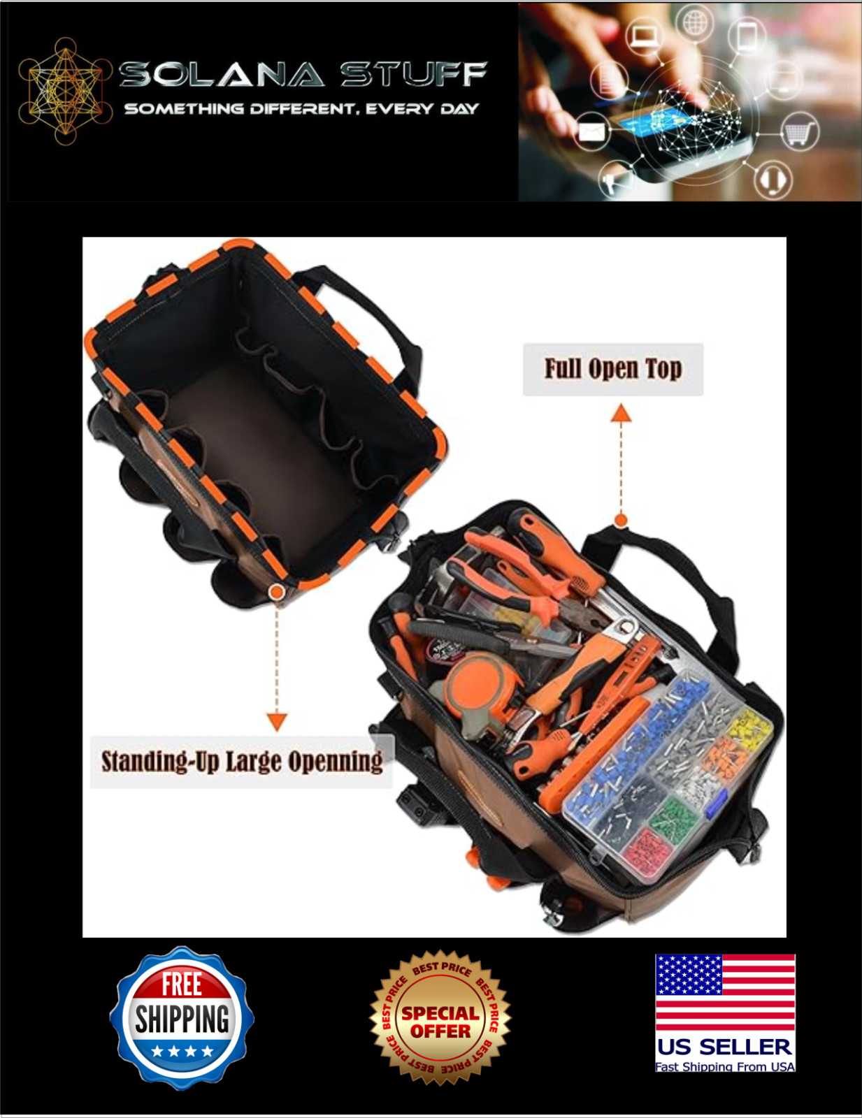 WELKINLAND 17-Pockets Tool Bag, 14″ Portable, Brown With Shoulder Straps, NEW
