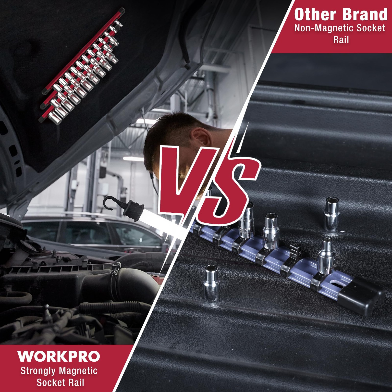 WORKPRO Magnetic Socket Organizer, 3/8-Inch Drive Aluminum Alloy 3/8″ DR, Red
