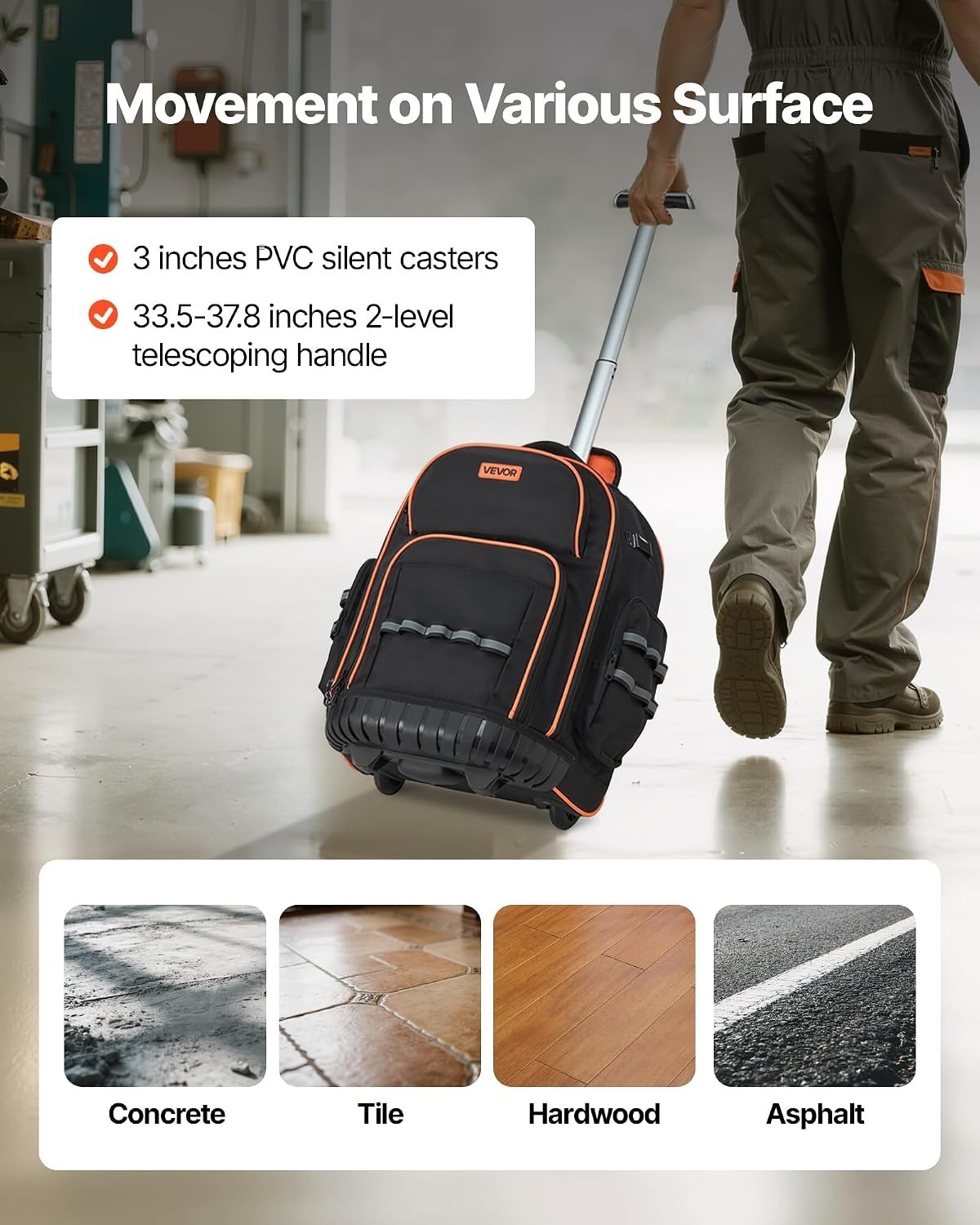 Rolling Tool Backpack, 110 lbs Load Capacity, 45 Pockets Heavy Duty Roller To…