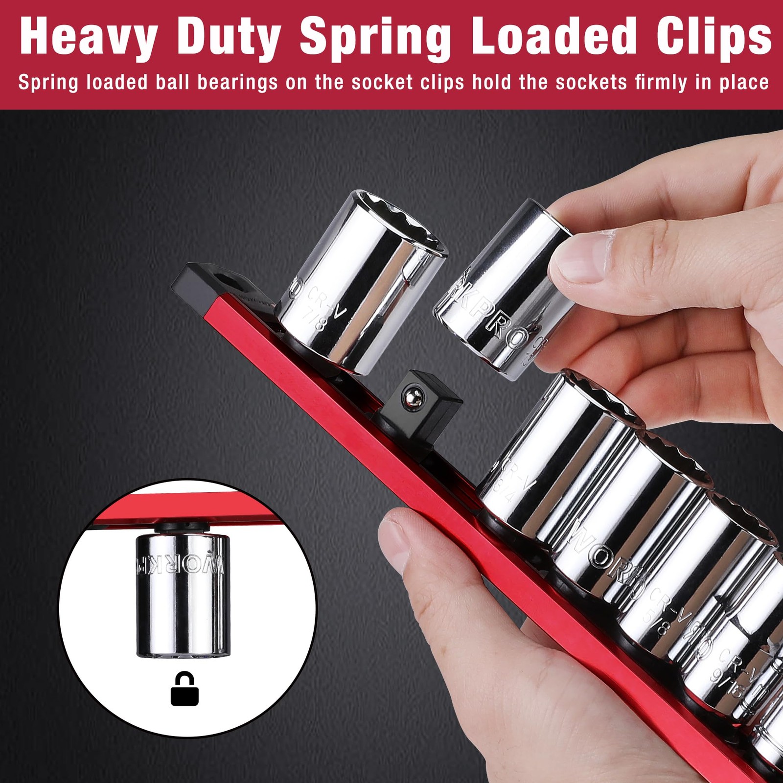 WORKPRO Magnetic Socket Organizer Set, 3 Pieces-1/4″, 3/8″, & 1/2″ DR, Red