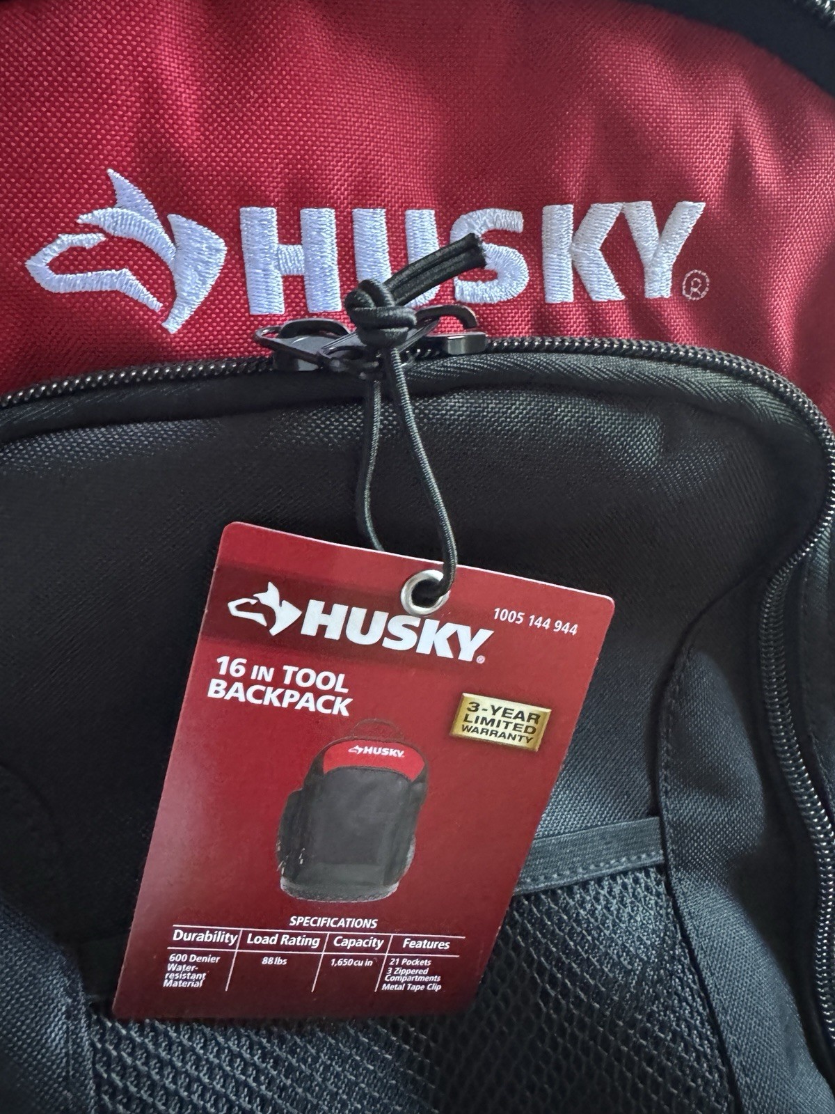 Husky 16 in Tool Backpack Black/Red 600D 21 Pockets Waterproof Molded Base