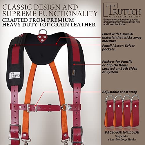 Leather Work Suspenders With Pockets | Fully-Adjustable Padded Leather Maroon
