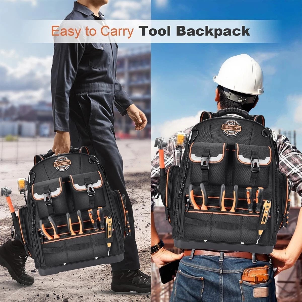 Durable 56-Pocket Tool Backpack with Molded Base and Combination Lock – Black