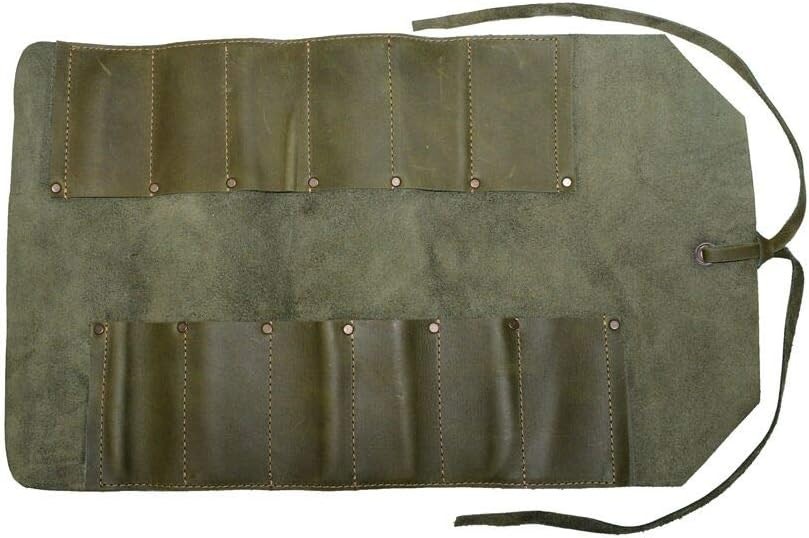 Durable Dark Jade Leather Tool Roll with 12 Slots for Craftsmen & Travelers