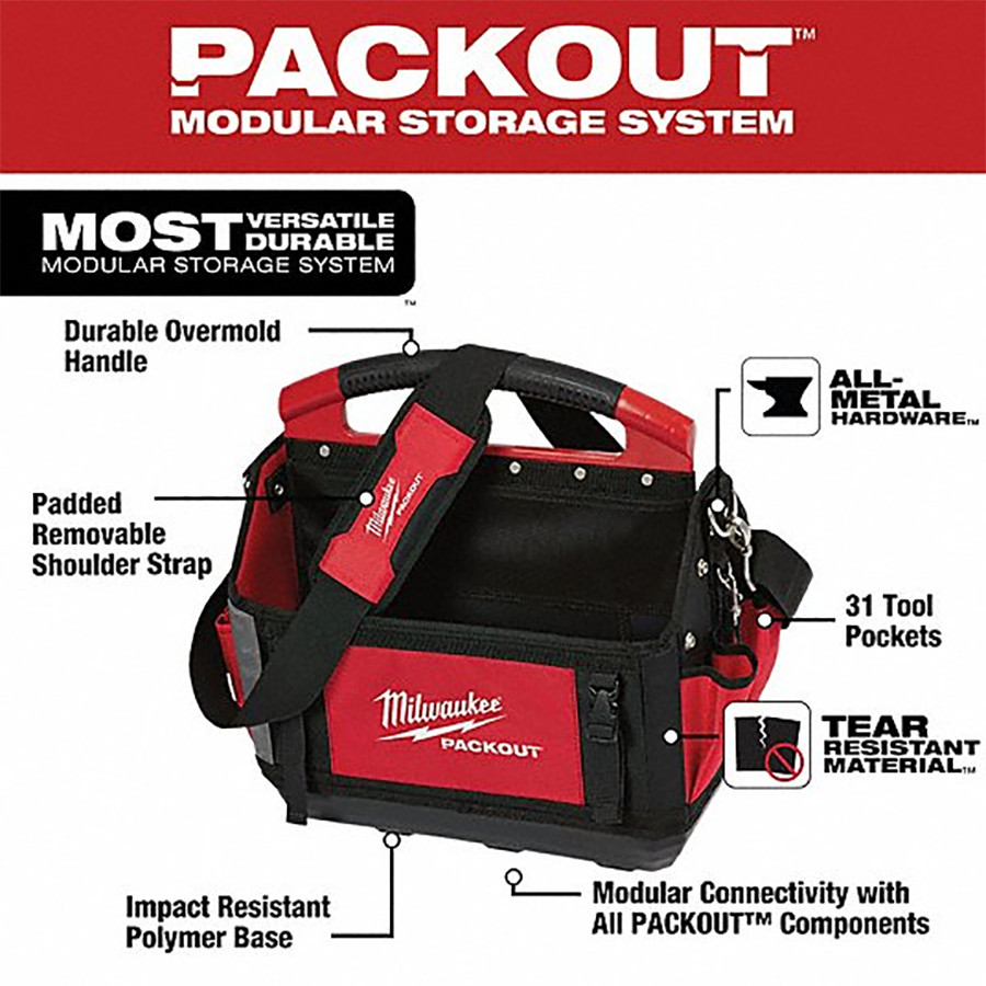 Milwaukee 48-22-8315 15″ PACKOUT Storage Tote, 32 Total Pockets Metal Tape Clip