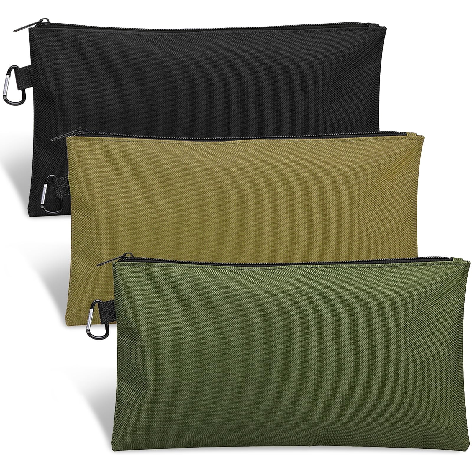 3 Pack Tool Bag Zipper 12.6 x 7 x 0.3 inches, 3 Pack, Tan, Navy Green, Black