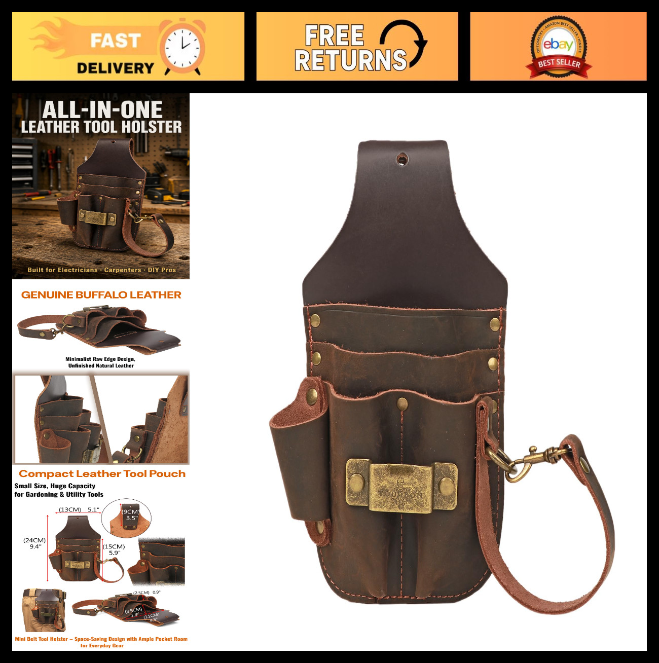 Heavy Duty Leather Tool Holster Pouch for Electricians & Carpenters | 5 Pocket W