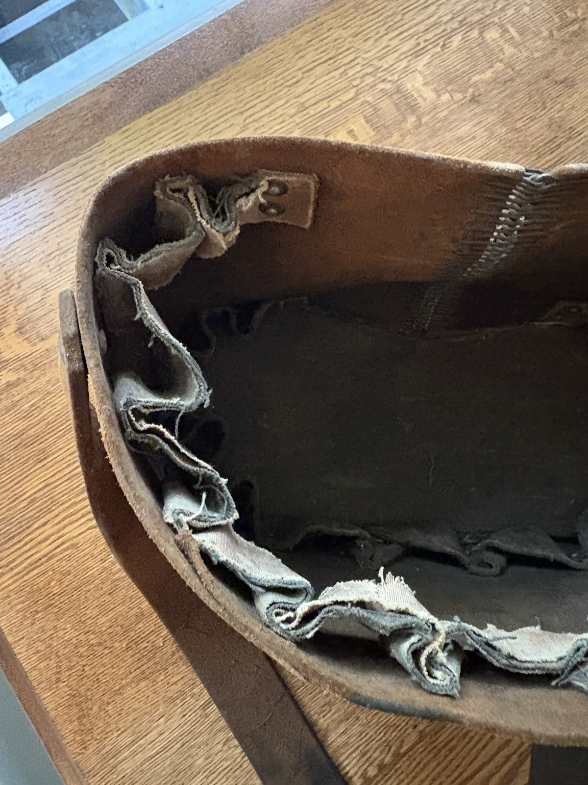 Early 20th century industrial riveted & stitched mechanic Leather Wood tool bag