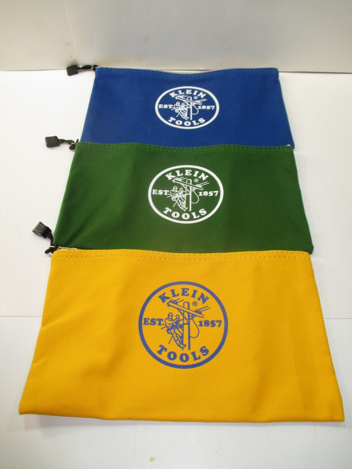 LOT OF 3 KLEIN TOOLS 5140 ZIPPER BAGS~BLUE, GREEN, YELLOW~NEW WITHOUT PACKAGING