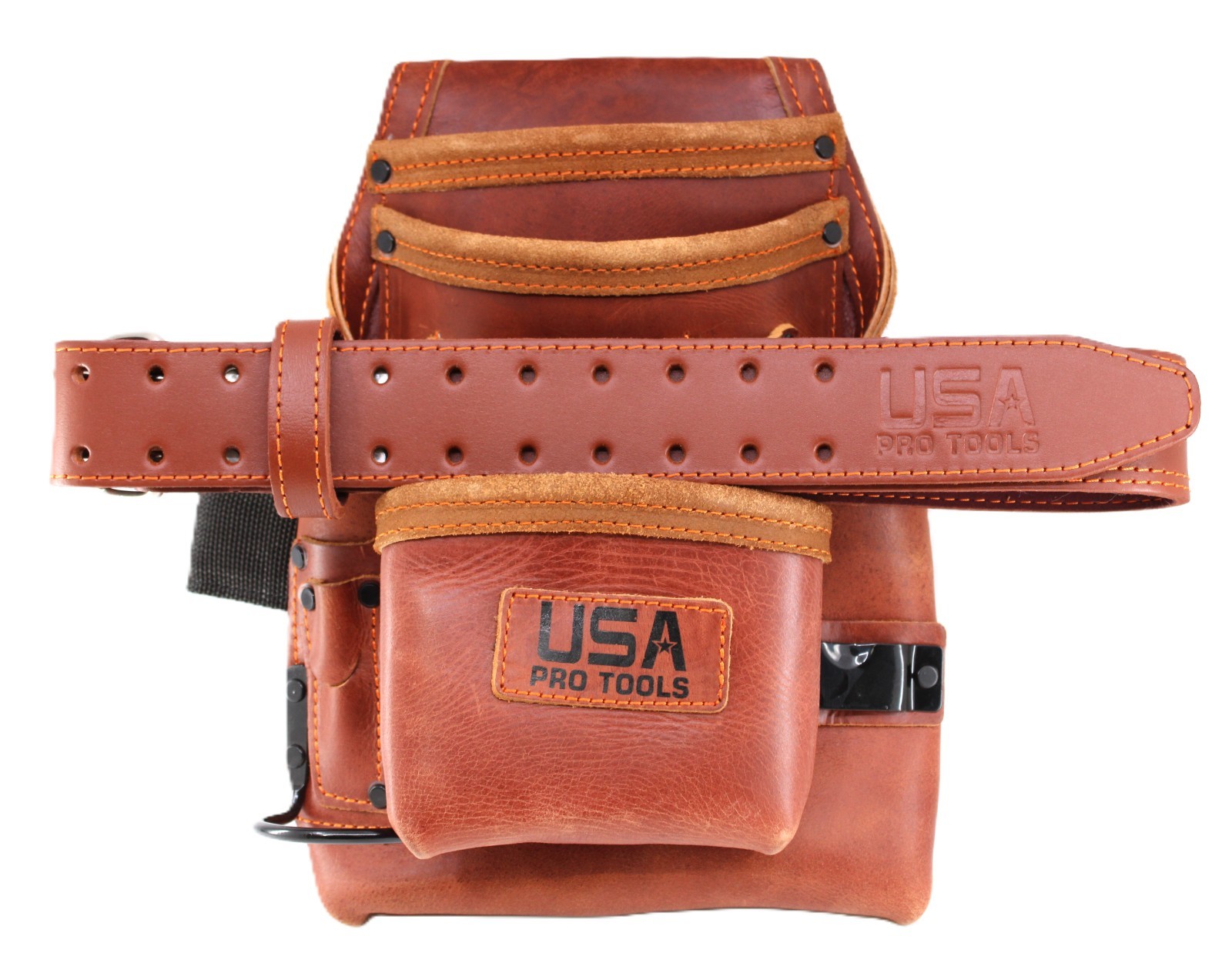 USA PRO TOOLS Top Grain Leather Tool Pouch & Belt – Multi‑Pocket, Hammer Holder