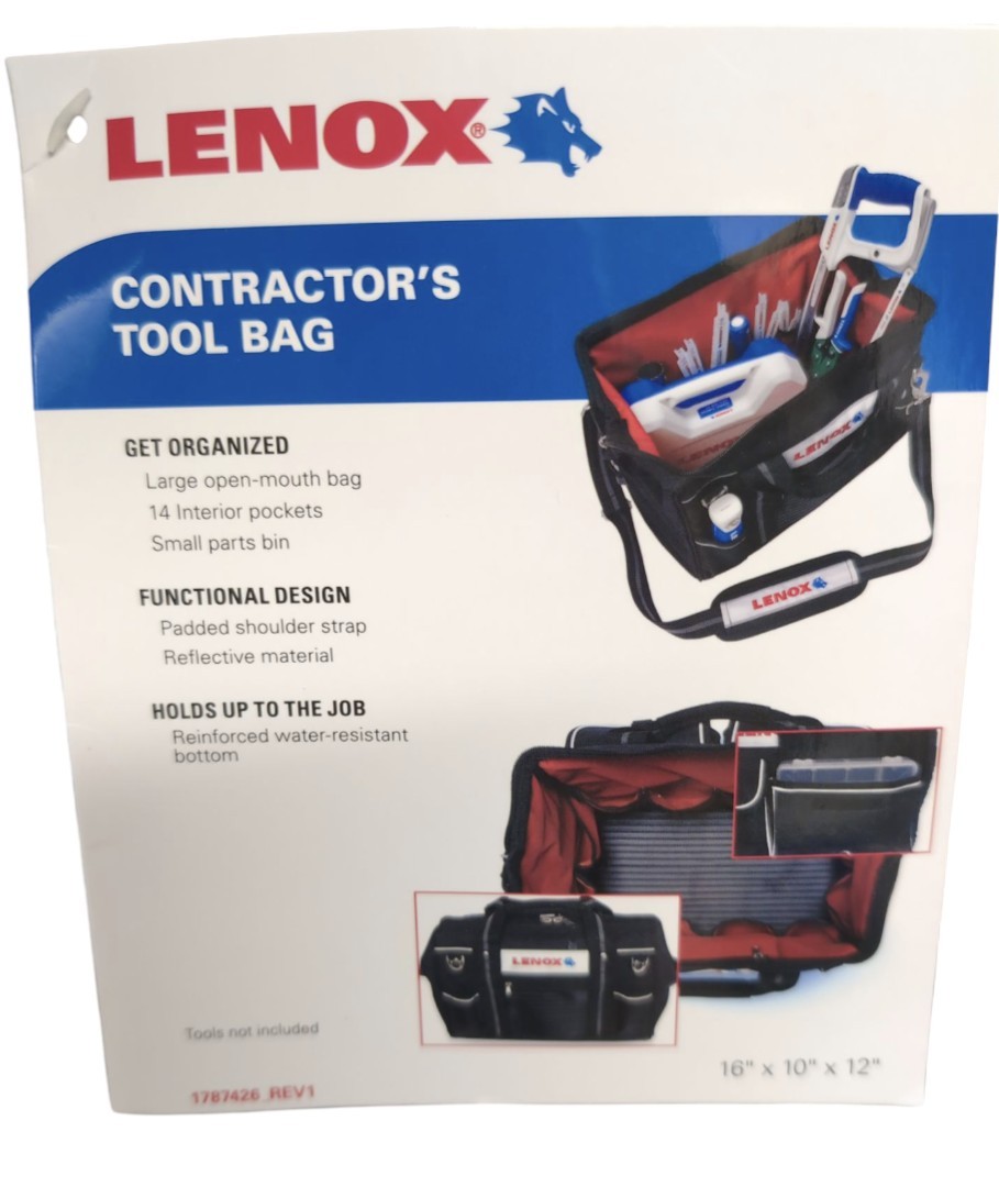 NWT Lenox 16″ x 10″ x 12″ Contractor’s Tool Bag 14 Internal Pockets 1787426_REV1