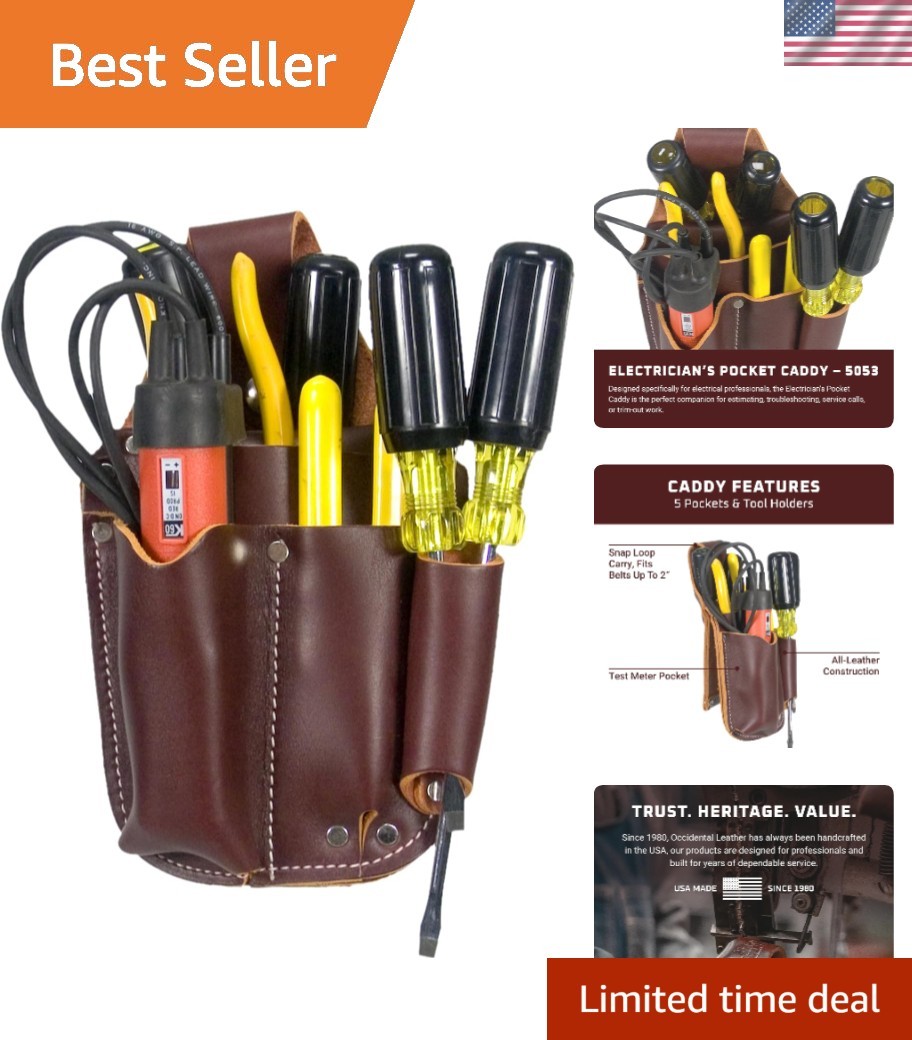 Electrician’s Pocket Caddy – Brown – 5 Pockets & Tool Holders – Belt Compatib…