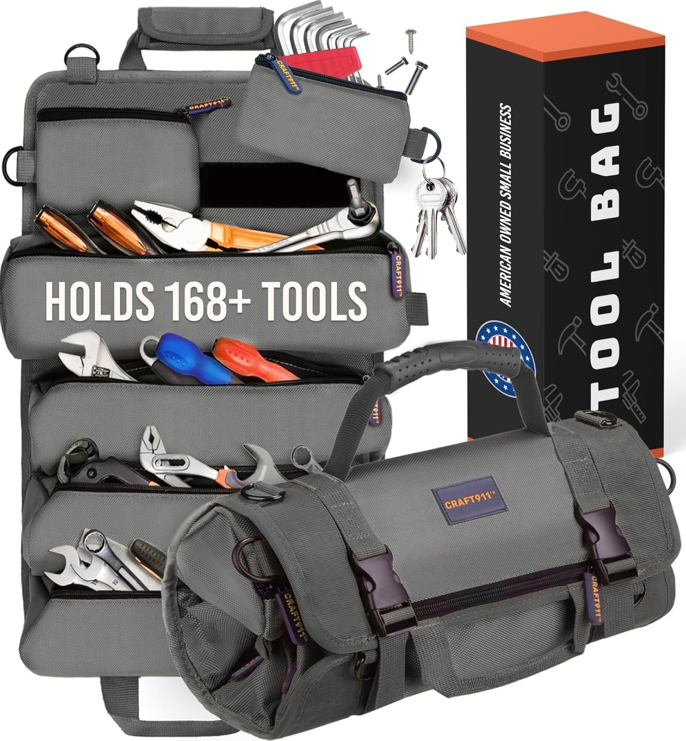 Compact Tool Bag Roll Gray Polyester Lifetime 6 Pouch