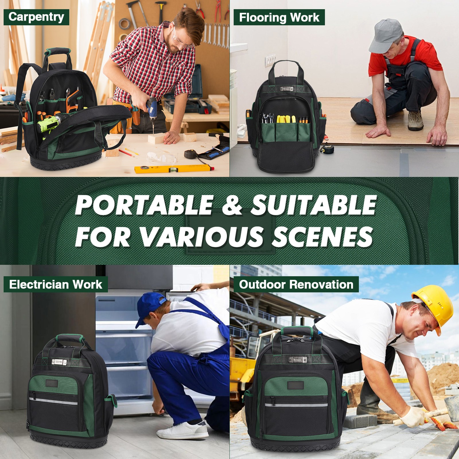 18 Inch Tool Backpack Heavy Duty Oxford Electrician Carpenter Tool Bag 9 Pockets