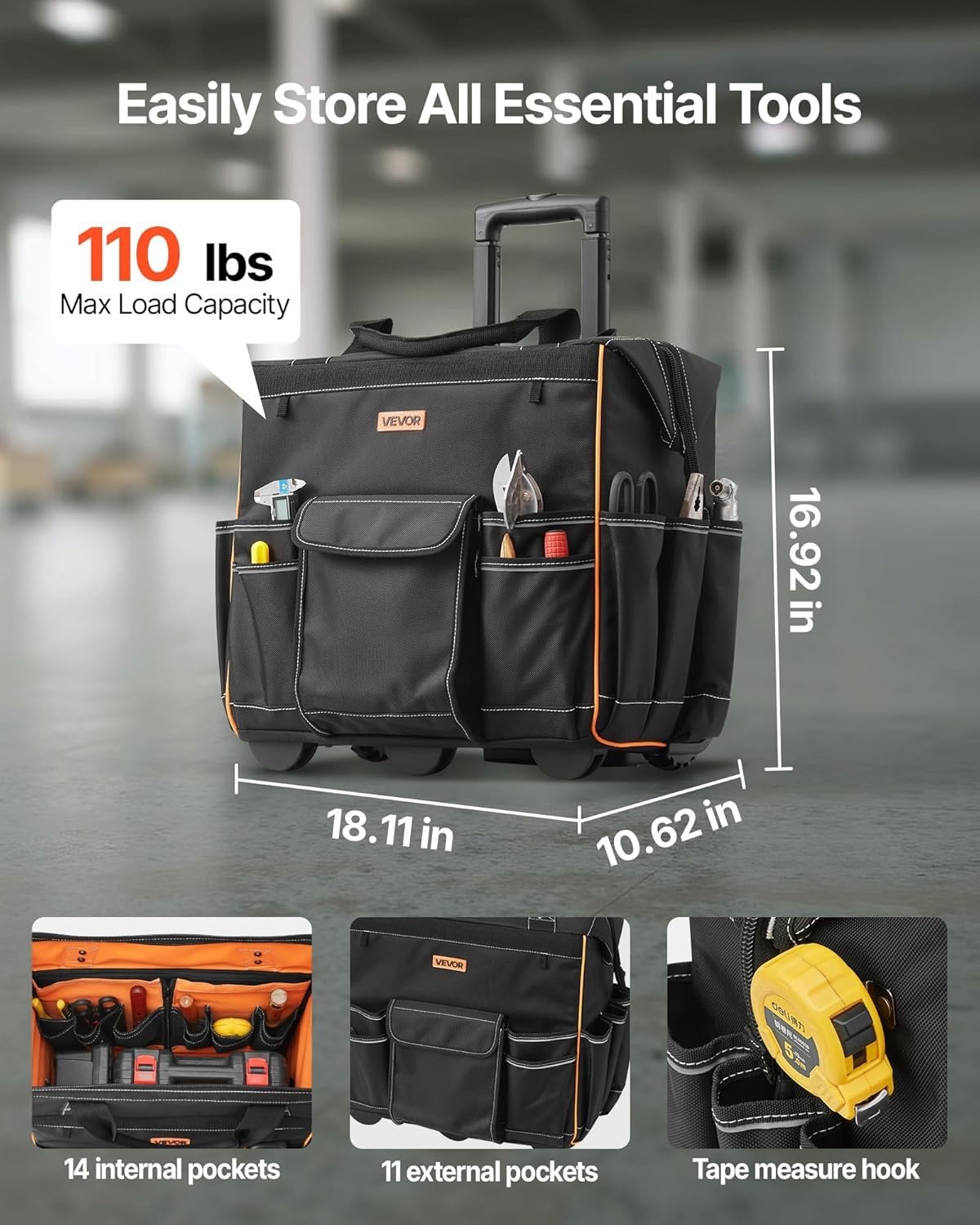 Water Resistant Tool Bag 18 Inch with Adjustable Handle and 110 Load Capacity