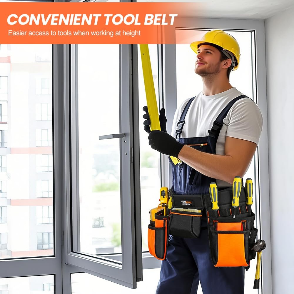 Tool Belt with Multiple Pockets, Heavy Duty Construction Pouch, Black and Orange