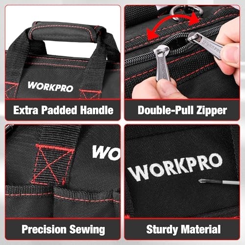 Tool Bag 12 Inch Wide Mouth Double Pull Zipper 7 Exterior Pockets Polyester