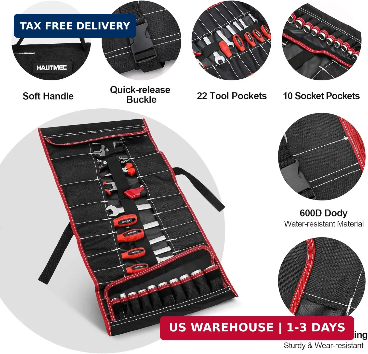 HAUTMEC Tool Roll Bag for for Screwdrivers, 32-Pocket Water-Resistant Roll Up To