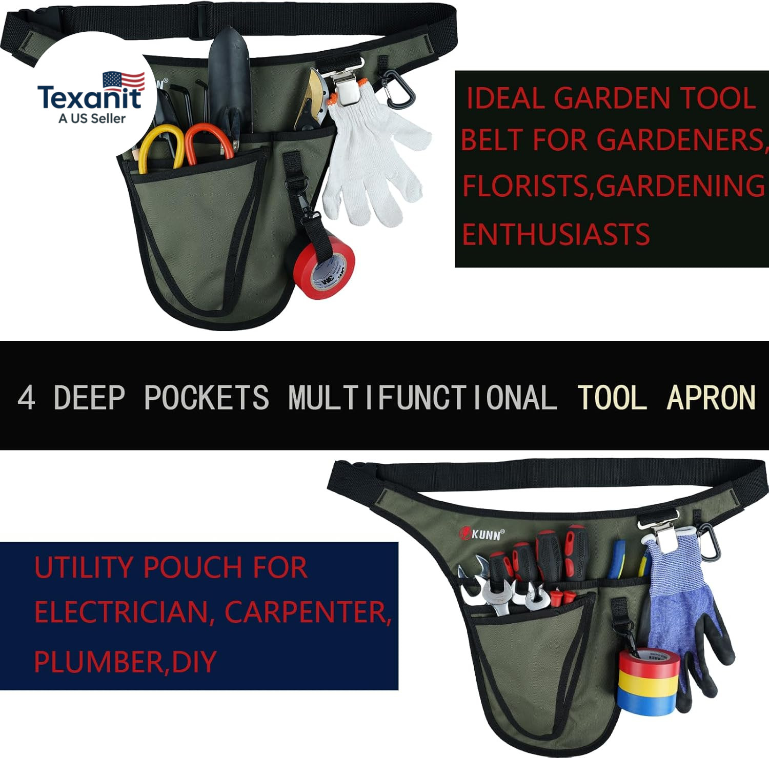 Garden Tool Belt,Durable Adjustable Tool Belt Waist Pouch with 4 Pocket for Wome