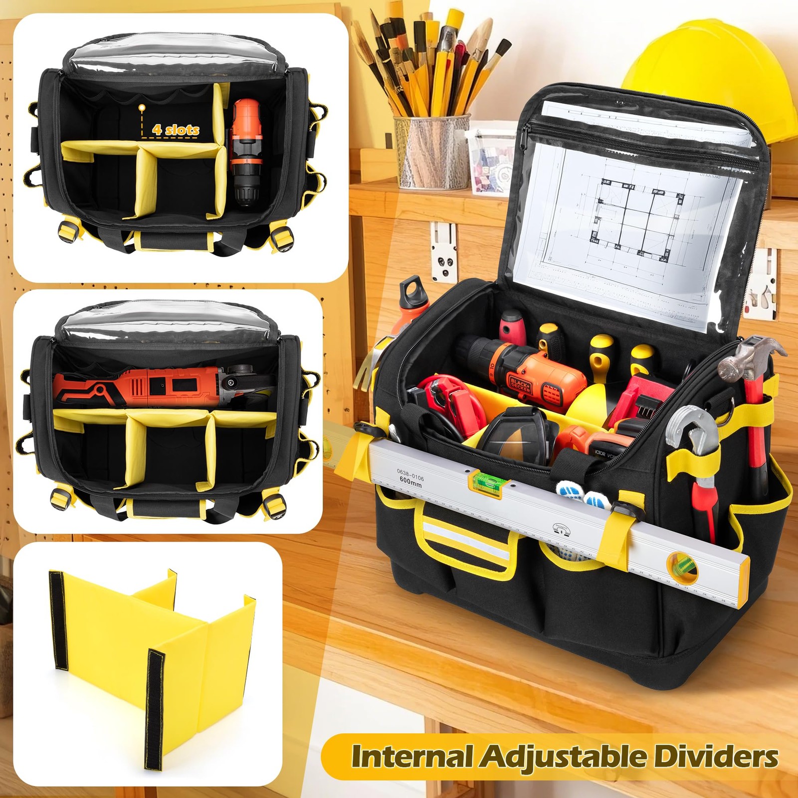 15-Inch Tool Bag with Hard Bottom, Electrician Tool Box Organizer