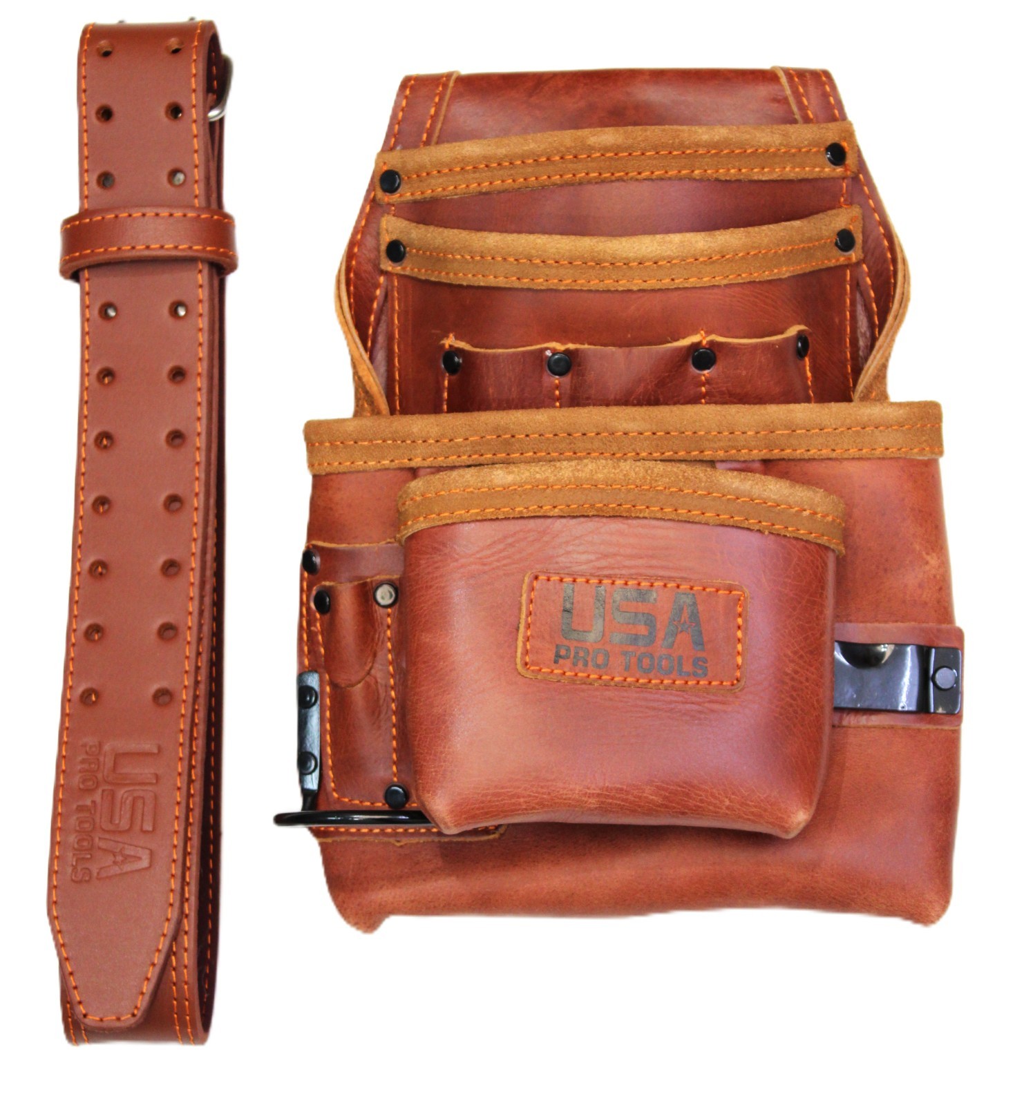 USA PRO TOOLS Top Grain Leather Tool Pouch & Belt – Multi‑Pocket, Hammer Holder
