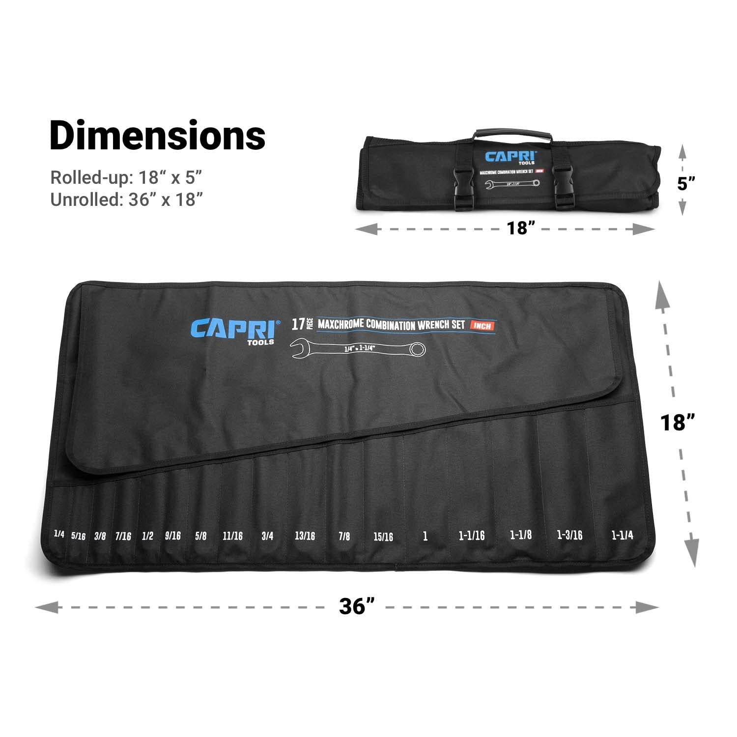 Capri Tools Wrench Roll Up Pouch, SAE, 17 Pockets, Standard Pocket, Black