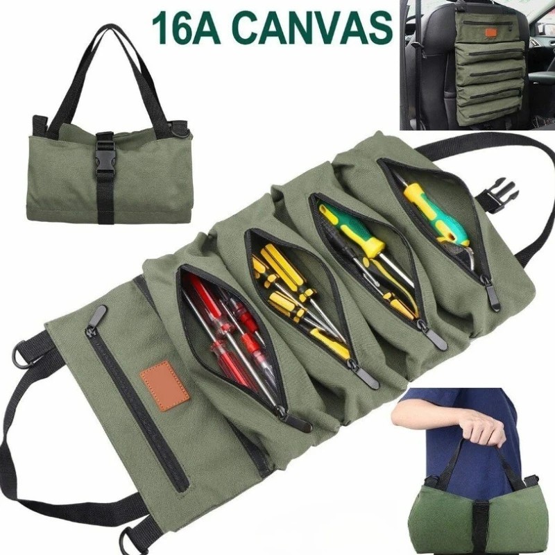 Multi-Purpose Tool Roll Up Bag 5 Pocket Wrench Pouch Canvas Hanging Organizer