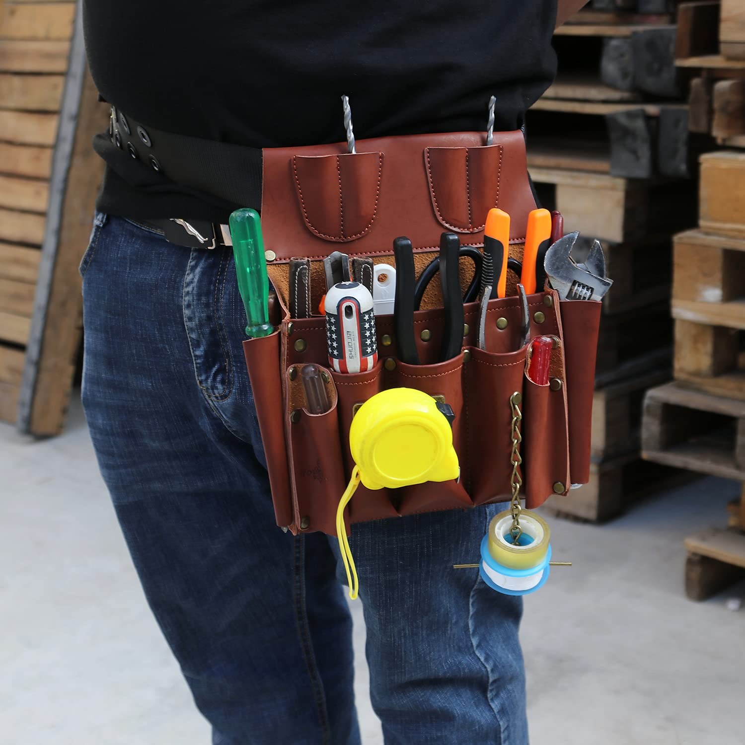 Leather Tool Pouch with Shoulder Strap, Belt Tool Organizer for Wrench Screwd…