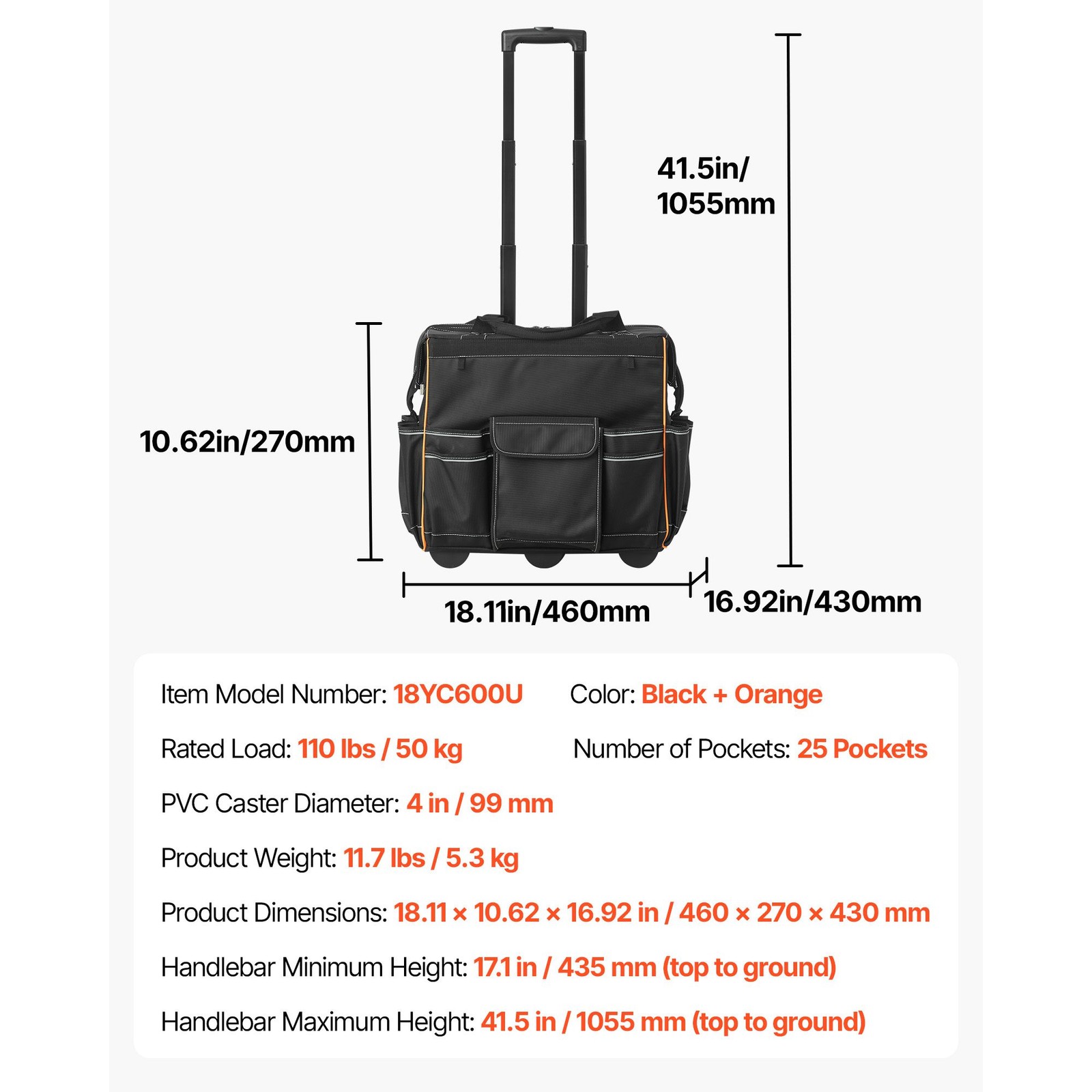 110lb 25-Pocket Rolling Tool Bag with Wheels