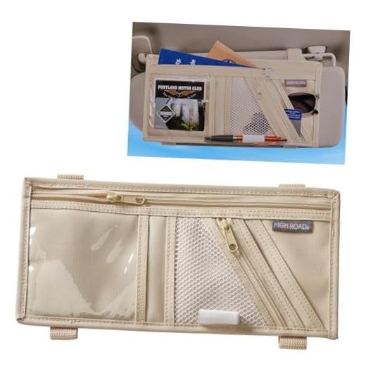 Car Visor Organizer with Zippered Pockets, Sunglasses Sleeve and Clear Tan