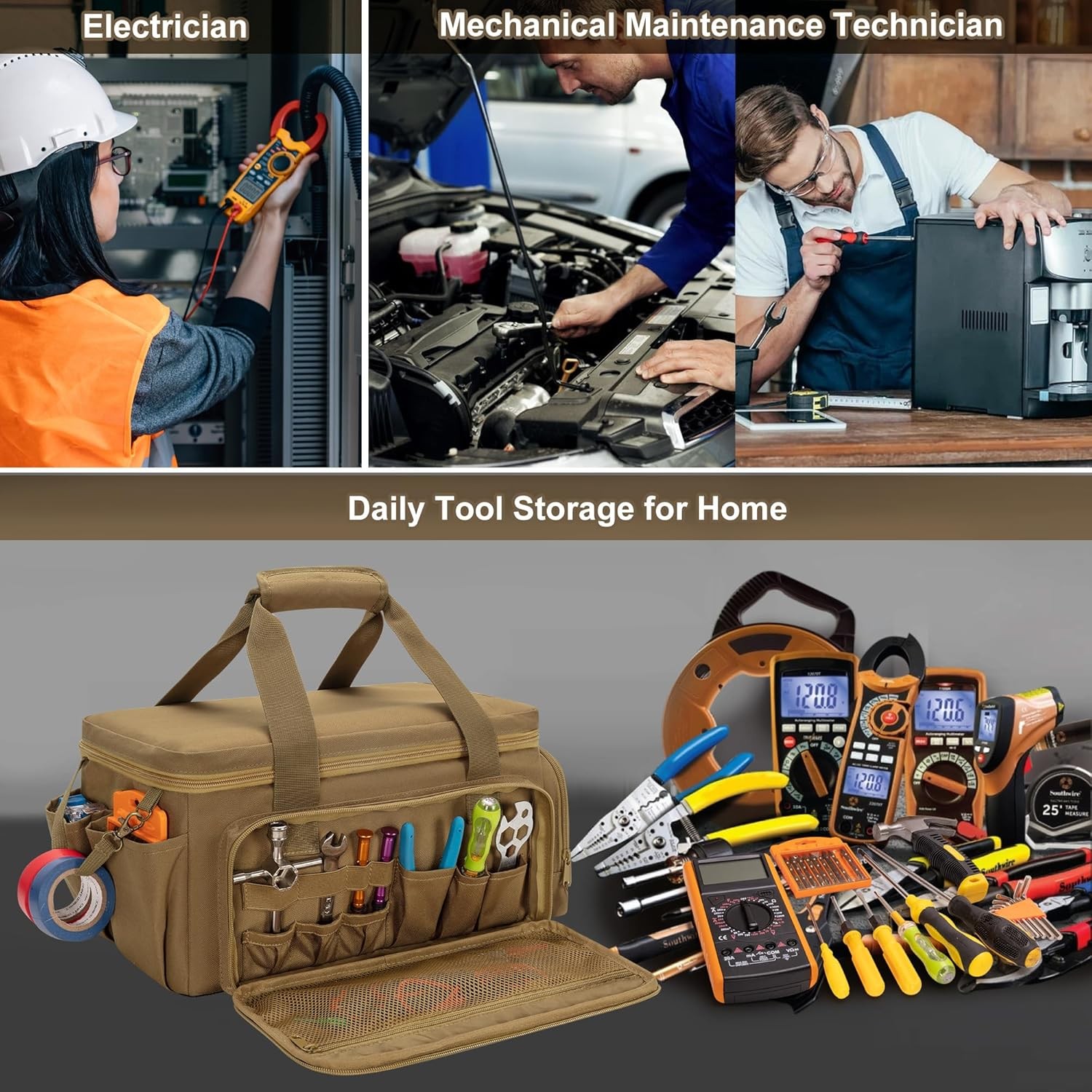 Tool Bag 14″ Hand Tool Organizer Tactical Range Bag Work Tote Repair Jobs Khaki