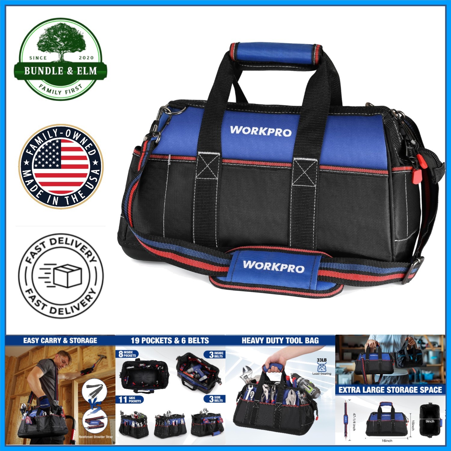 Heavy-Duty Tool Storage Bag with Wide Open Design and Adjustable Shoulder Strap