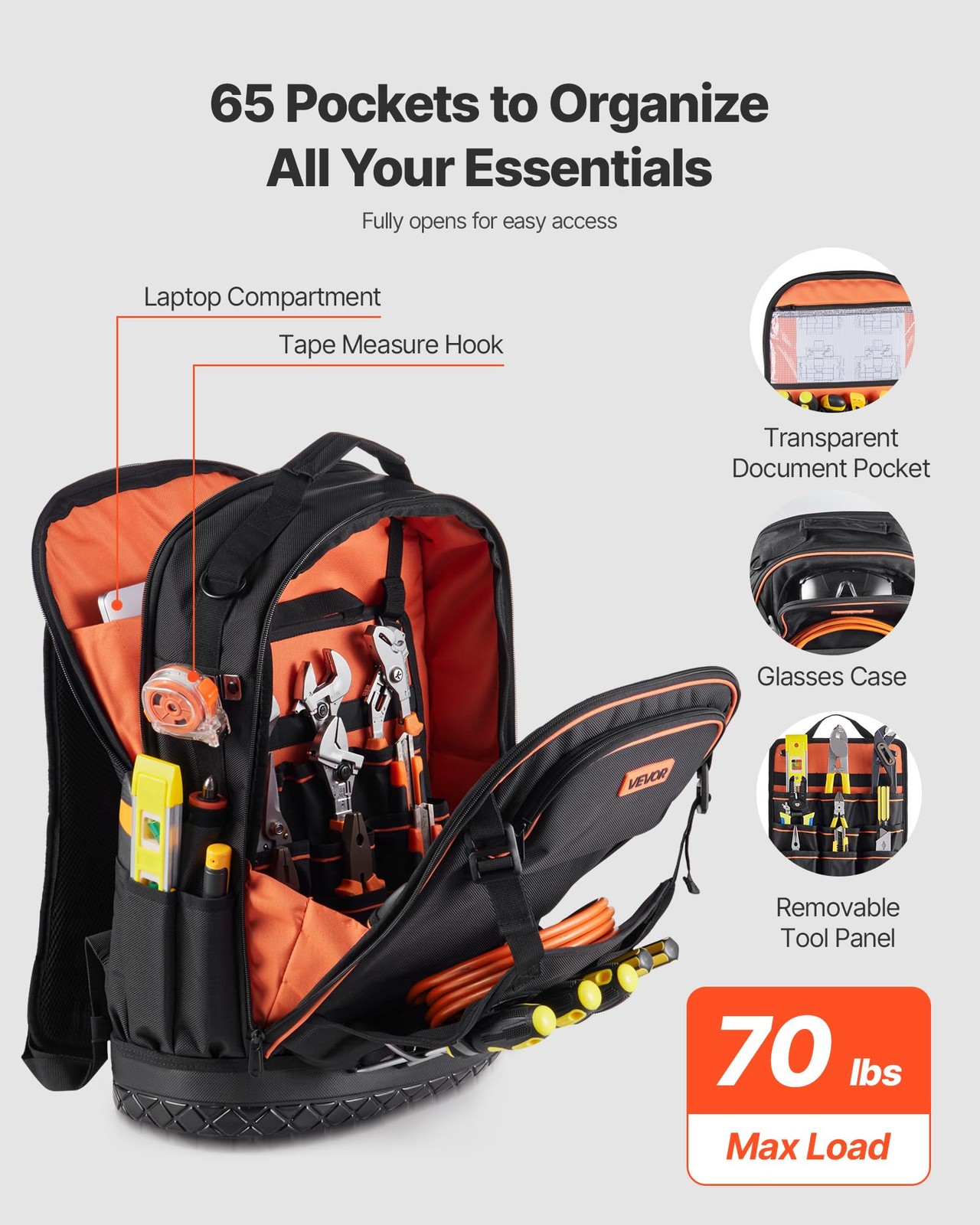VEVOR Tool Backpack with Tools, 65 Pockets, Heavy-duty 65 Black