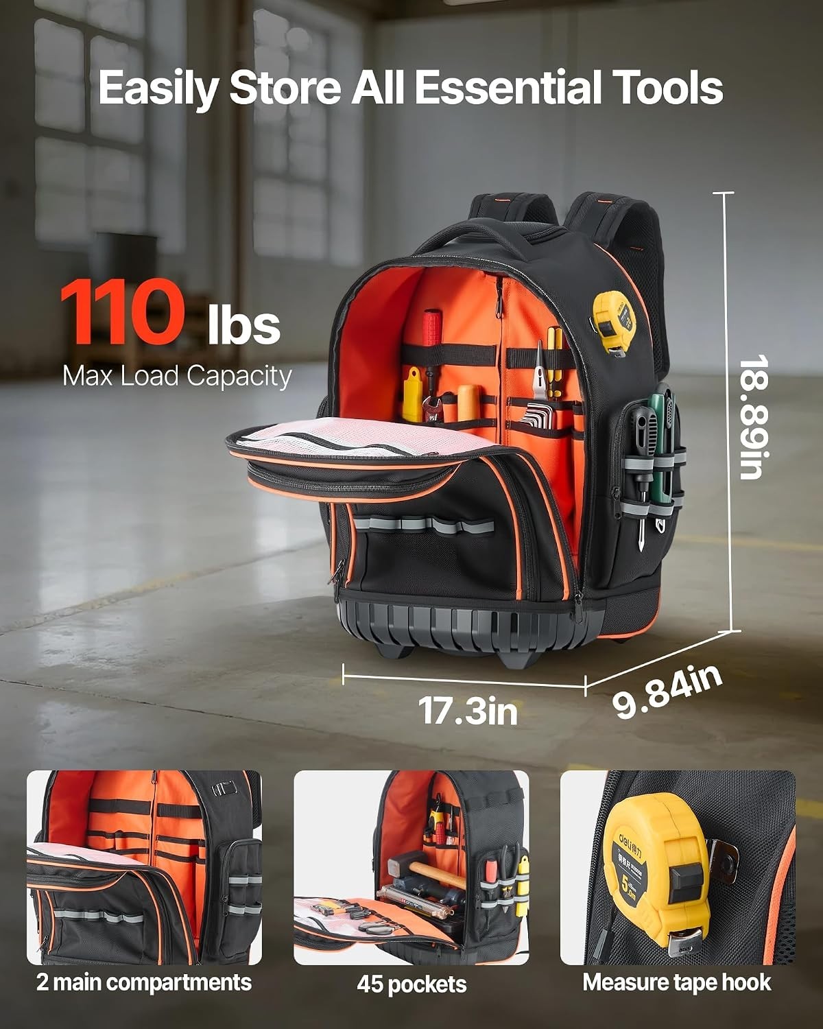 Rolling Tool Backpack, 110 lbs Load Capacity, 45 Pockets Heavy Duty Roller To…