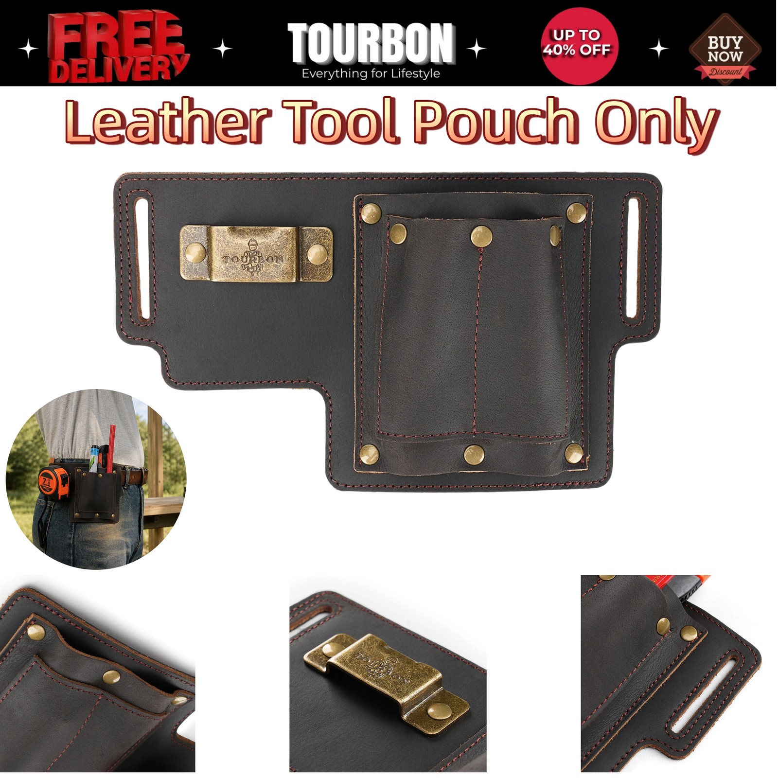 Tourbon Leather 4-in-1 Tool Pouch Electrician Framer Garden Belt Utility Bag