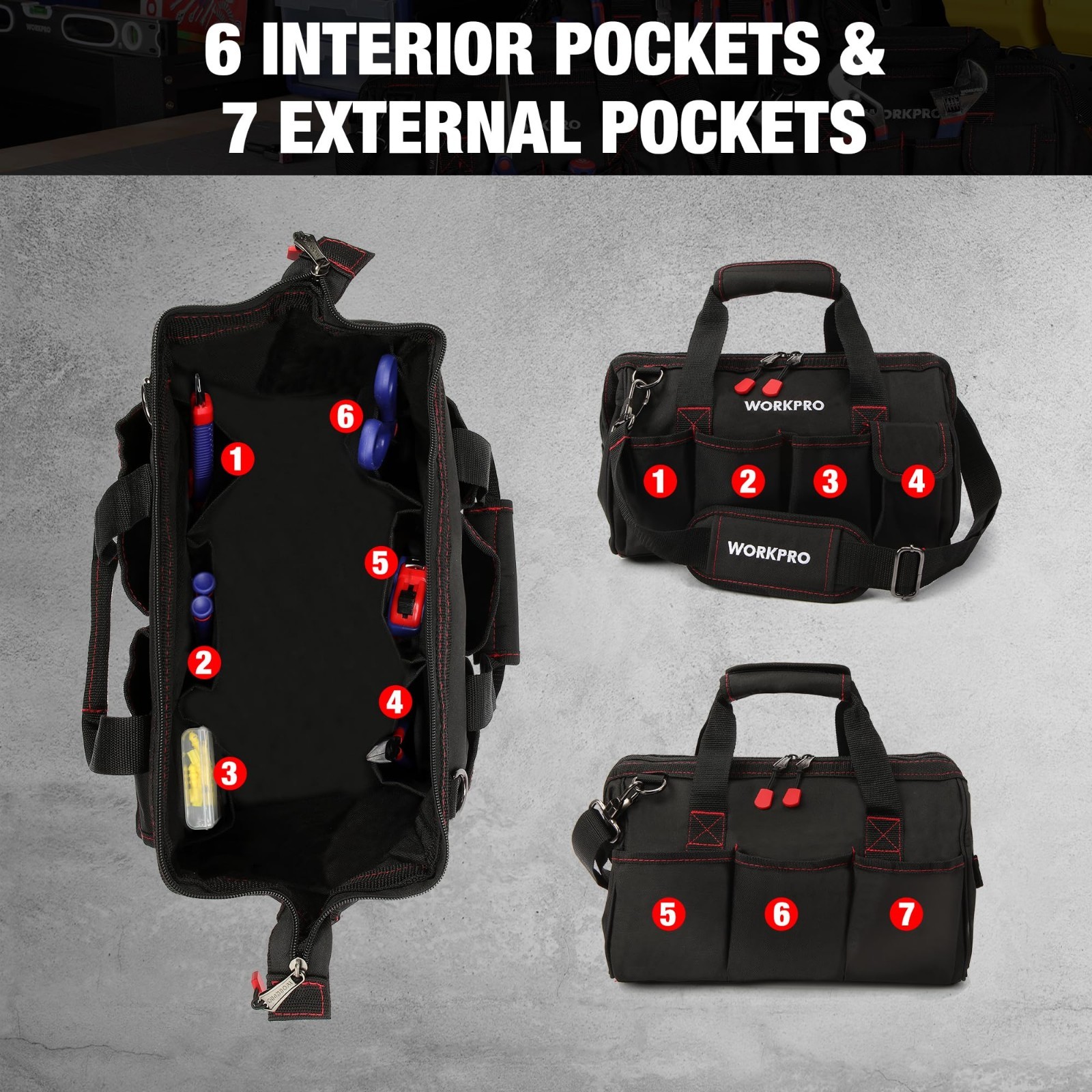 14″ Multi-Pocket Tool Bag Organizer with Adjustable Shoulder Strap – Black