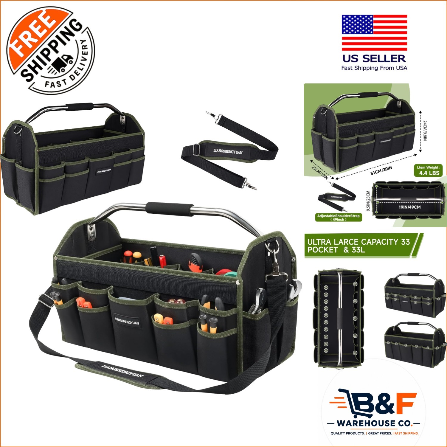 Portable Open Top Tool Carrier: 20in Heavy Duty Electrician Tote with 30 Pockets