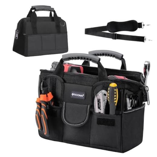 Heavy Duty Tool Bag with Multi-Pockets, Portable Tool 12″ Standard Base Black
