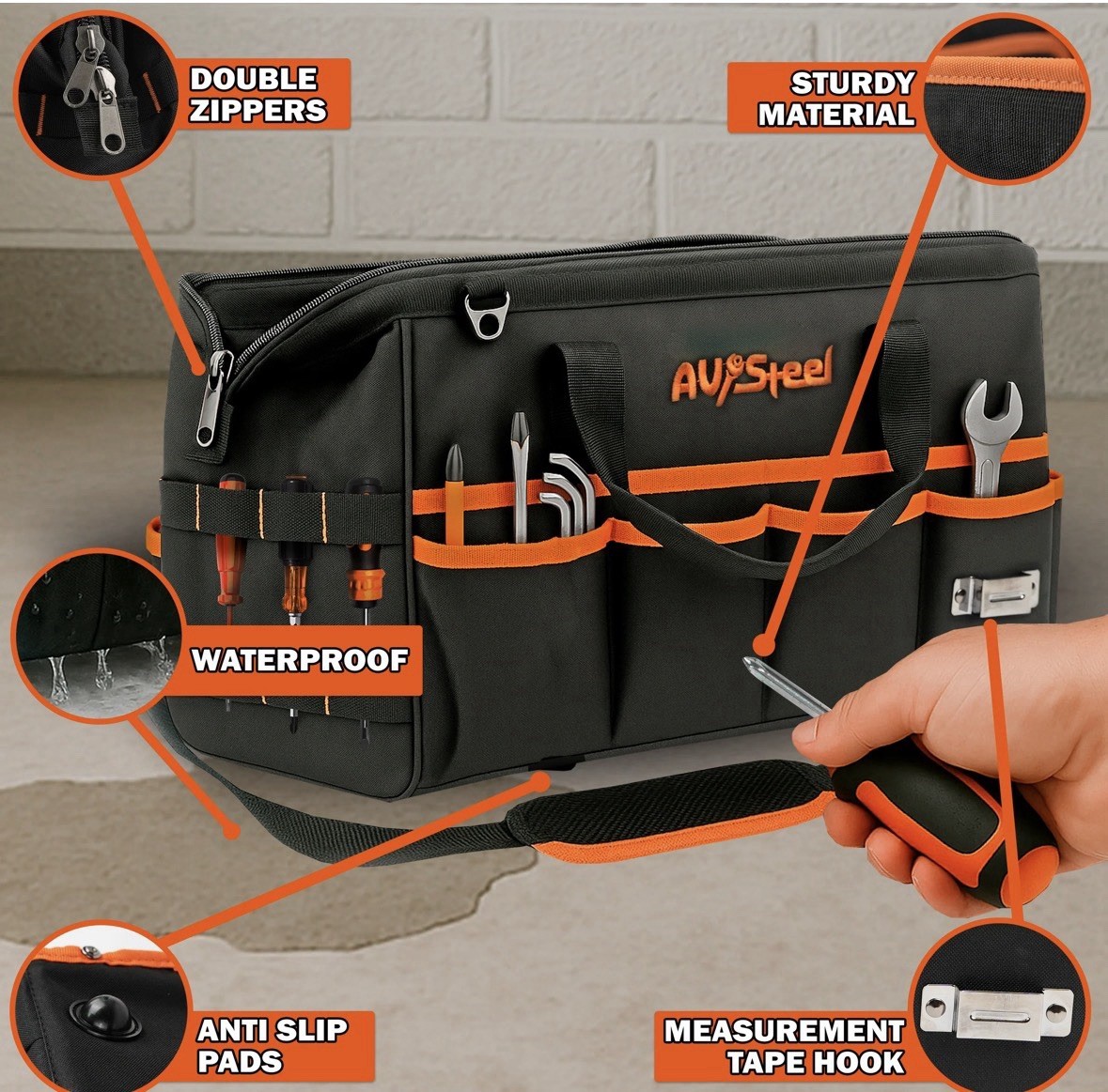 Tool Bag Wide Mouth 16 Pockets Adjustable Shoulder Strap Tool Clip Oxford 1680D