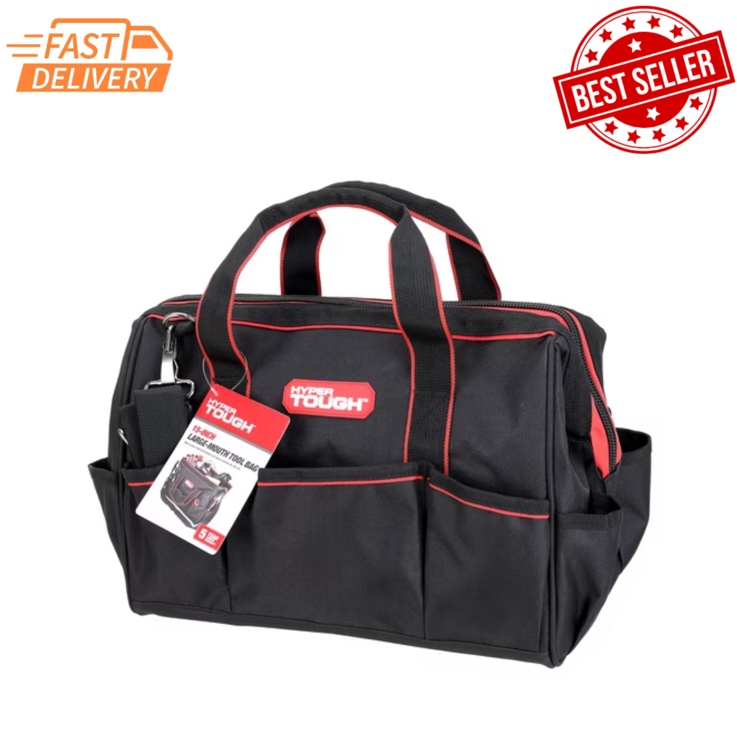Hyper Tough 15 Inch Large Mouth Tool Bag Multi Pocket Construction Storage Tote