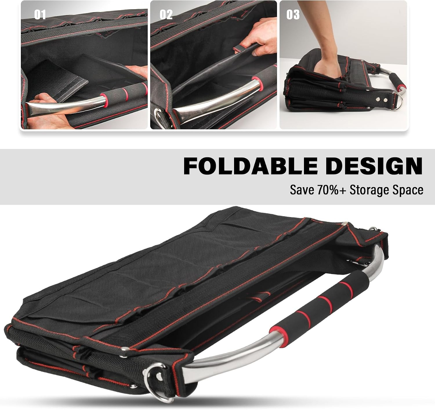 18″ Foldable Tool Tote Open Top Tool Bag W/ Removable Divider & Stiff Frame