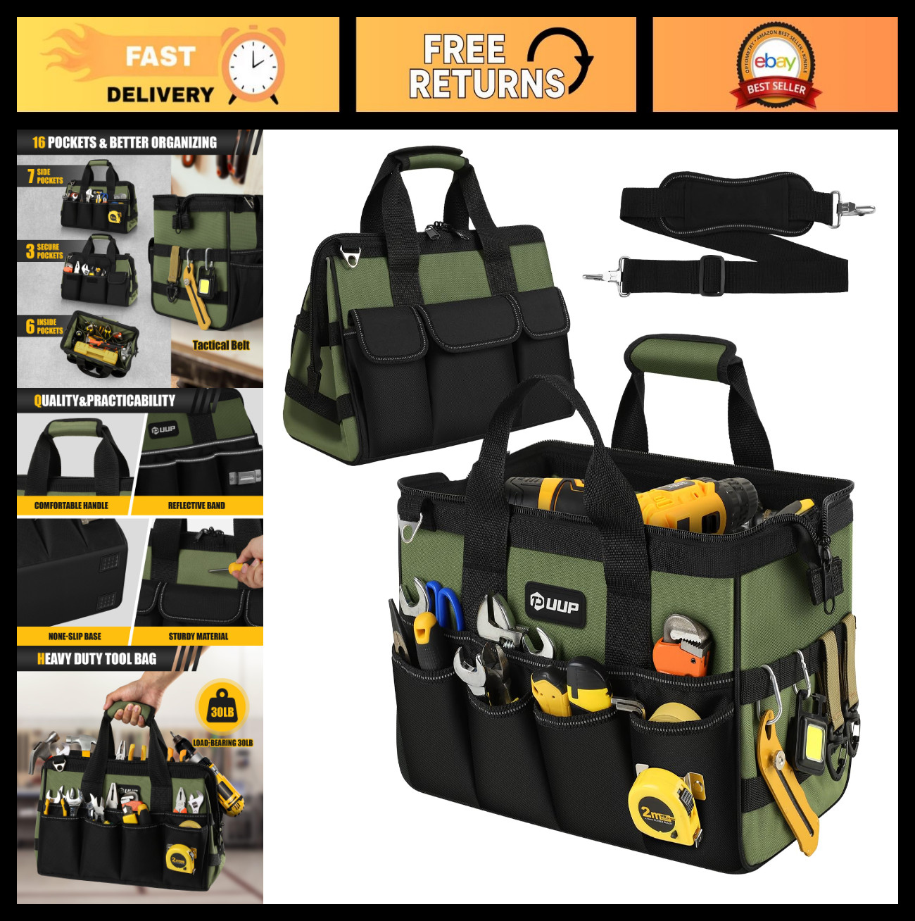 15″ Heavy Duty Tool Bag – 16 Pocket Portable Organizer, Large Zipper Storage, Gi